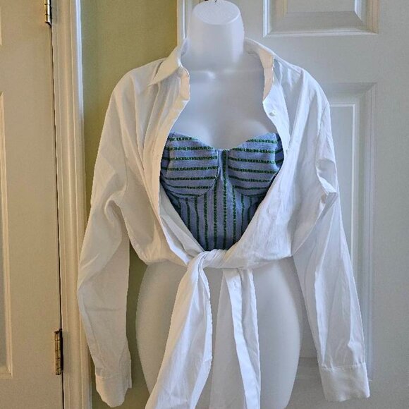 NWT Rosie Assoulin Mixed Media Layered White Button Down Shirt & Striped Top - Picture 4 of 16